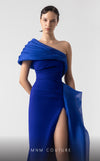MNM Couture G1941 royal blue gown with asymmetrical drape and thigh-high slit for elegant occasions. | Couture Shop LA