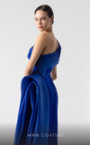 MNM Couture G1941 royal blue gown with asymmetrical drape and thigh-high slit for elegant occasions. | Couture Shop LA