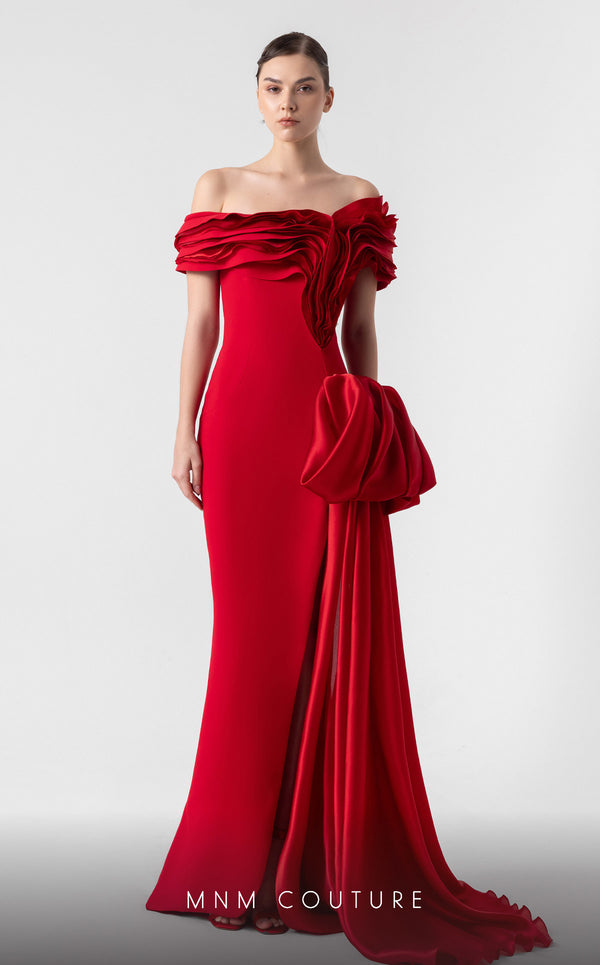 MNM Couture G1942 scarlet red gown with off-shoulder elegance and a bold organza side train. | Couture Shop LA