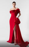 MNM Couture G1942 scarlet red gown with off-shoulder elegance and a bold organza side train. | Couture Shop LA