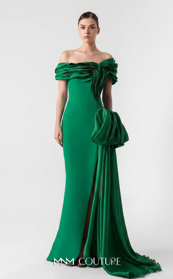 MNM Couture G1942 scarlet red gown with off-shoulder elegance and a bold organza side train. | Couture Shop LA