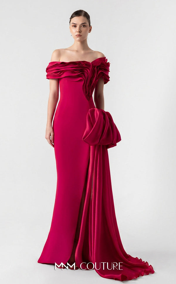 MNM Couture G1942 scarlet red gown with off-shoulder elegance and a bold organza side train. | Couture Shop LA