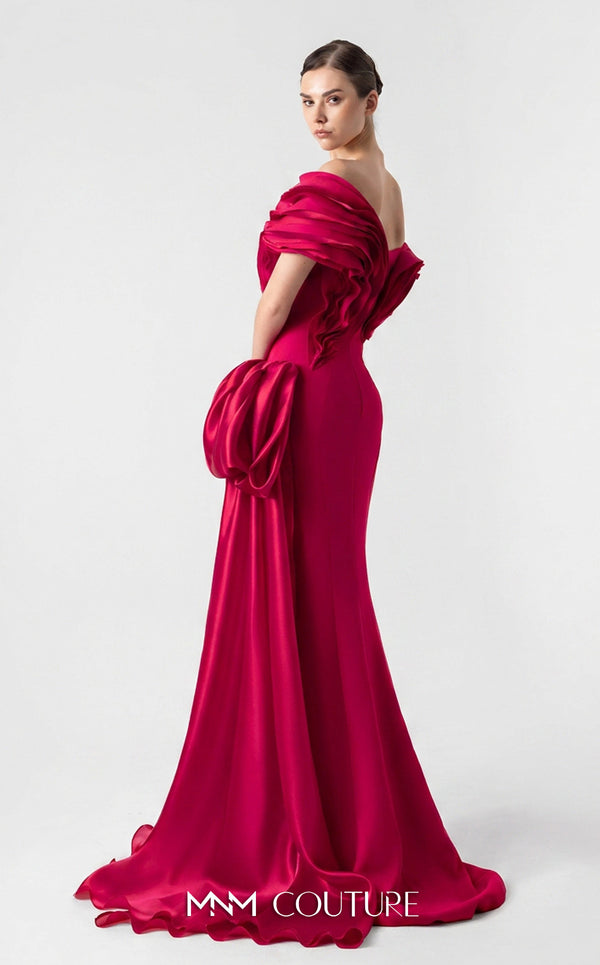 MNM Couture G1942 scarlet red gown with off-shoulder elegance and a bold organza side train. | Couture Shop LA