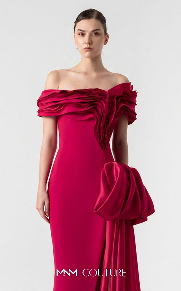 MNM Couture G1942 scarlet red gown with off-shoulder elegance and a bold organza side train. | Couture Shop LA