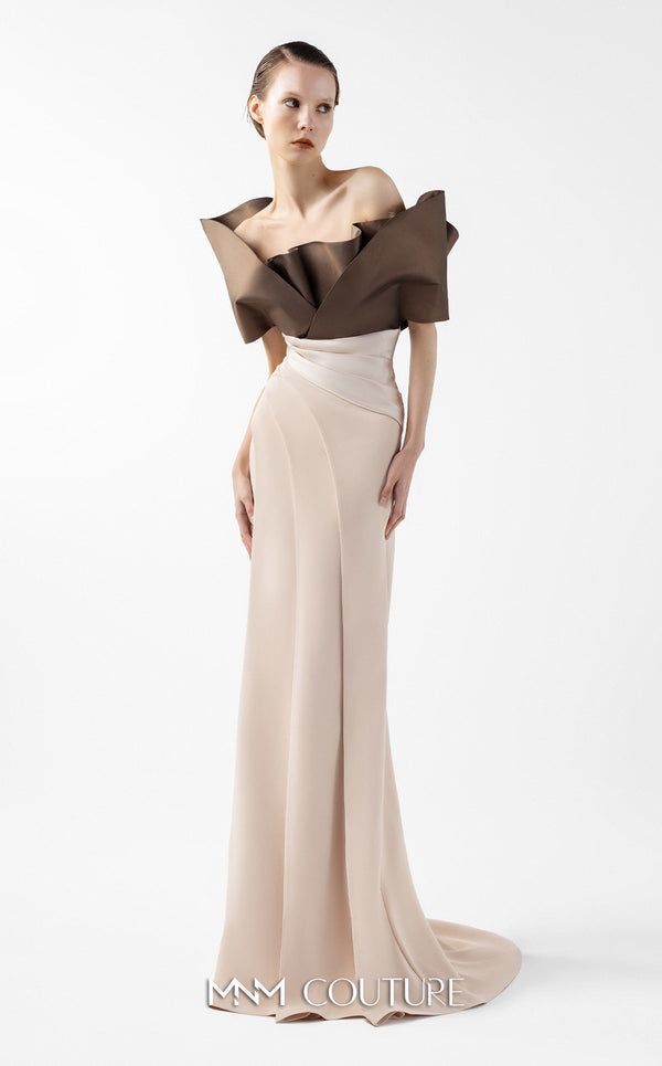 MNM Couture Style G2000 featuring a two-tone design with a sculptural metallic brown taffeta bodice and a draped creamy nude crepe skirt. | Couture Shop LA