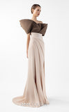 MNM Couture Style G2000 featuring a two-tone design with a sculptural metallic brown taffeta bodice and a draped creamy nude crepe skirt. | Couture Shop LA