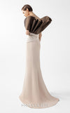MNM Couture Style G2000 featuring a two-tone design with a sculptural metallic brown taffeta bodice and a draped creamy nude crepe skirt. | Couture Shop LA