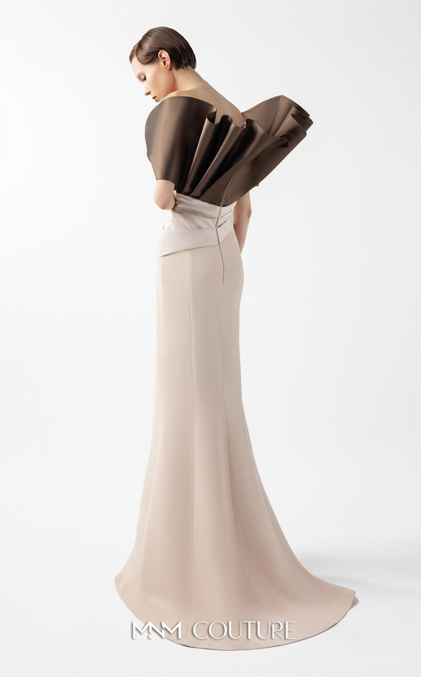 MNM Couture Style G2000 featuring a two-tone design with a sculptural metallic brown taffeta bodice and a draped creamy nude crepe skirt. | Couture Shop LA