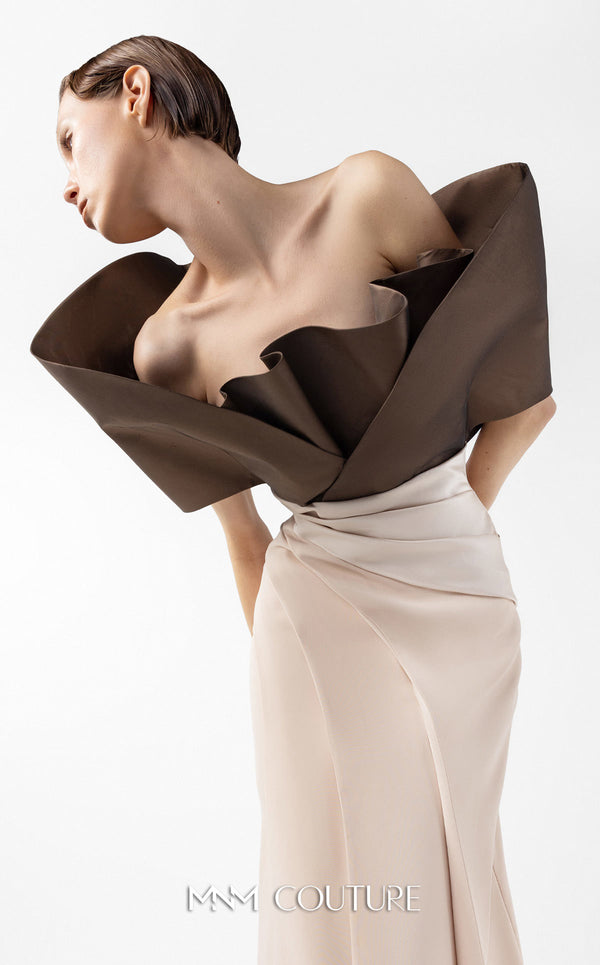 MNM Couture Style G2000 featuring a two-tone design with a sculptural metallic brown taffeta bodice and a draped creamy nude crepe skirt. | Couture Shop LA