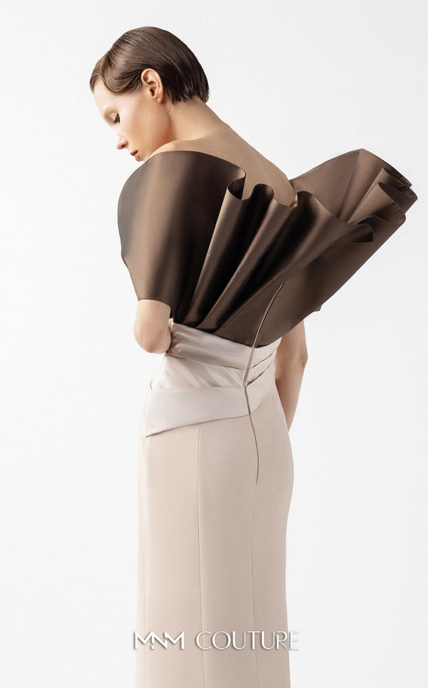 MNM Couture Style G2000 featuring a two-tone design with a sculptural metallic brown taffeta bodice and a draped creamy nude crepe skirt. | Couture Shop LA