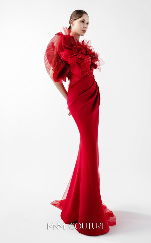 MNM Couture Style G2001 showcasing a red crepe evening gown with dramatic draped tulle bust, pleated organza detailing, and graceful trailing tulle train | Couture Shop LA