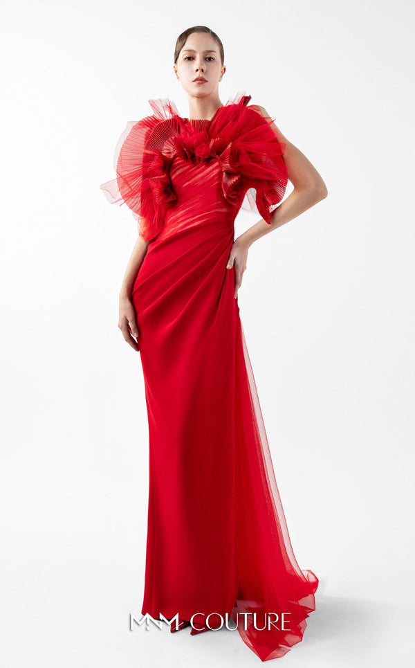 MNM Couture Style G2001 showcasing a red crepe evening gown with dramatic draped tulle bust, pleated organza detailing, and graceful trailing tulle train | Couture Shop LA