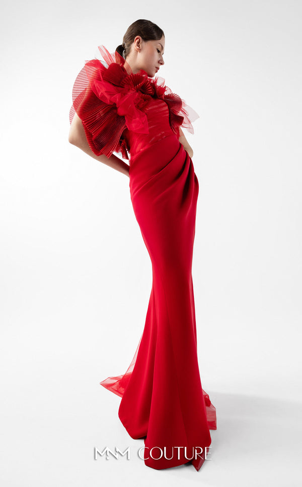 MNM Couture Style G2001 showcasing a red crepe evening gown with dramatic draped tulle bust, pleated organza detailing, and graceful trailing tulle train | Couture Shop LA