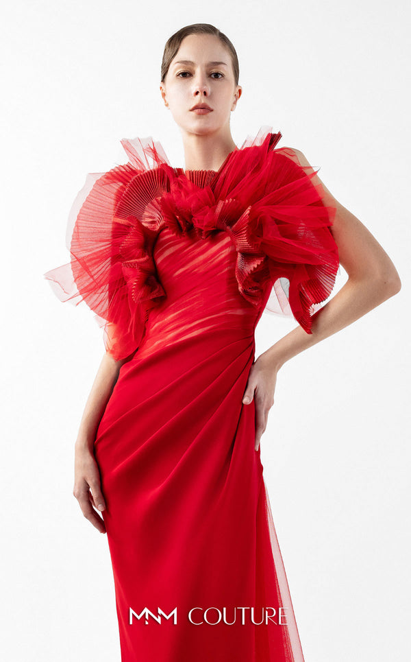 MNM Couture Style G2001 showcasing a red crepe evening gown with dramatic draped tulle bust, pleated organza detailing, and graceful trailing tulle train | Couture Shop LA