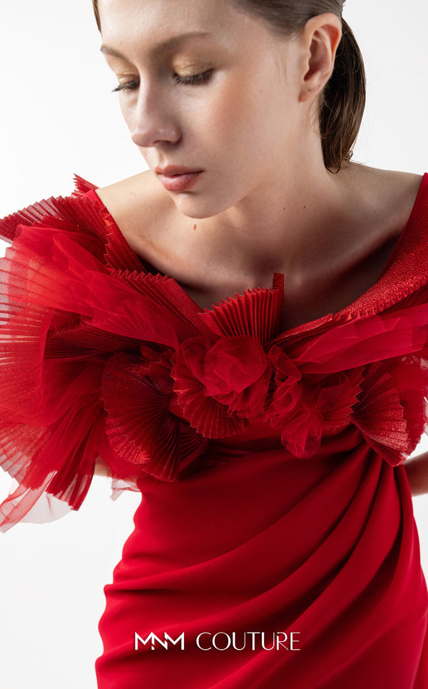 MNM Couture Style G2001 showcasing a red crepe evening gown with dramatic draped tulle bust, pleated organza detailing, and graceful trailing tulle train | Couture Shop LA