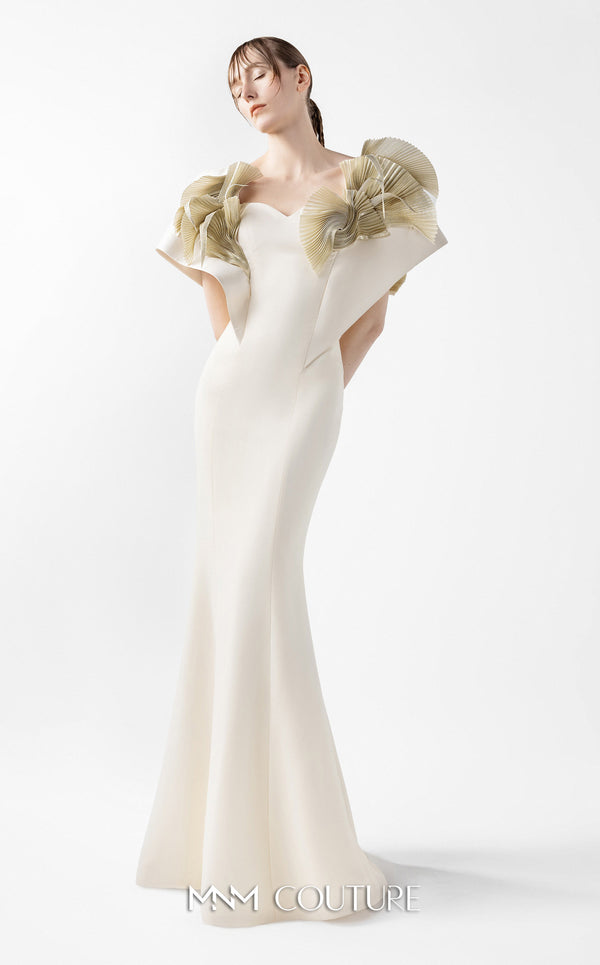 MNM Couture Style G2005 showcasing a cream mermaid gown with architectural golden pleated organza shoulder detailing resembling sculptural wings and ethereal fan accents | Couture Shop LA