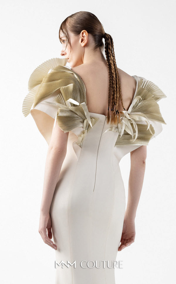 MNM Couture Style G2005 showcasing a cream mermaid gown with architectural golden pleated organza shoulder detailing resembling sculptural wings and ethereal fan accents | Couture Shop LA