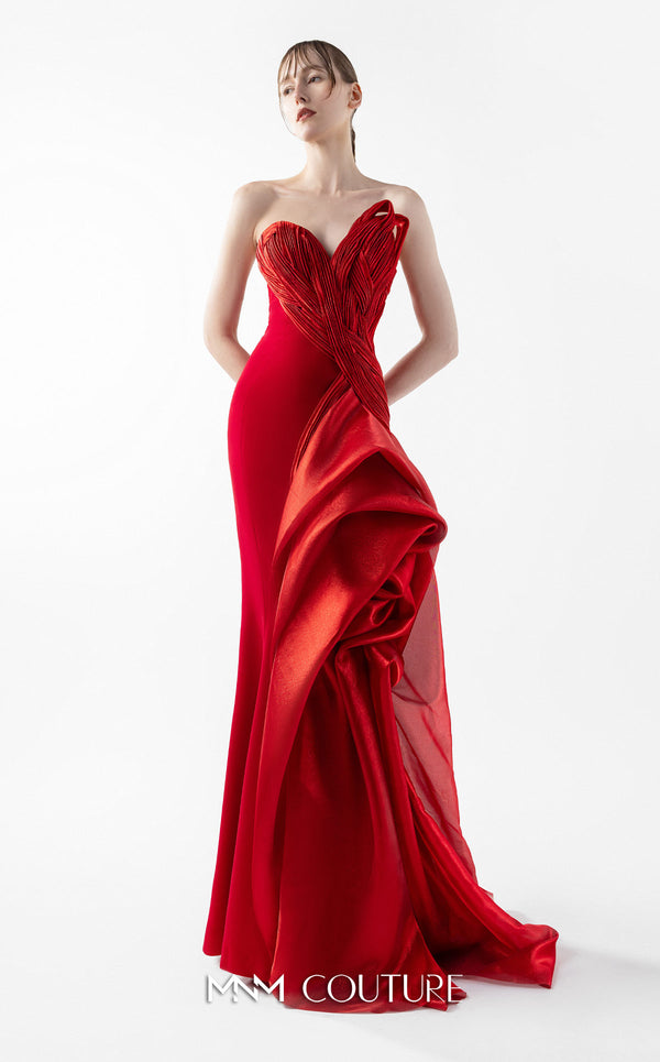 MNM Couture Style G2006 showcasing a strapless red gown with intricately pleated entwined bodice and dramatic asymmetrical organza bloom cascading from one side | Couture Shop LA