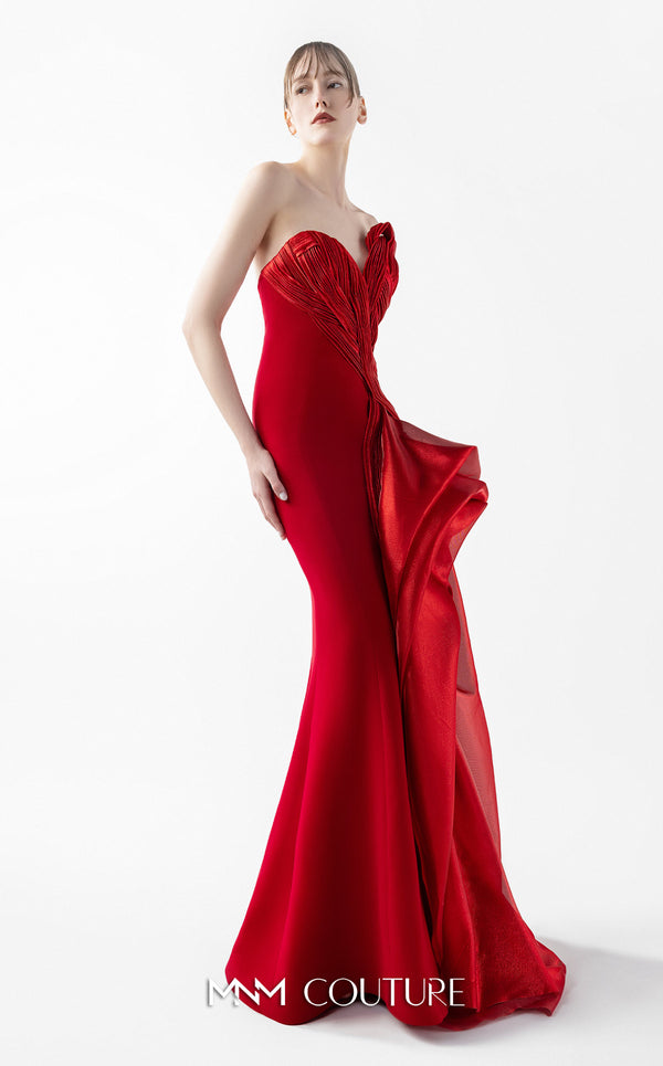 MNM Couture Style G2006 showcasing a strapless red gown with intricately pleated entwined bodice and dramatic asymmetrical organza bloom cascading from one side | Couture Shop LA