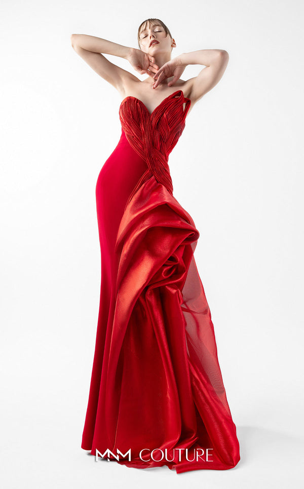 MNM Couture Style G2006 showcasing a strapless red gown with intricately pleated entwined bodice and dramatic asymmetrical organza bloom cascading from one side | Couture Shop LA