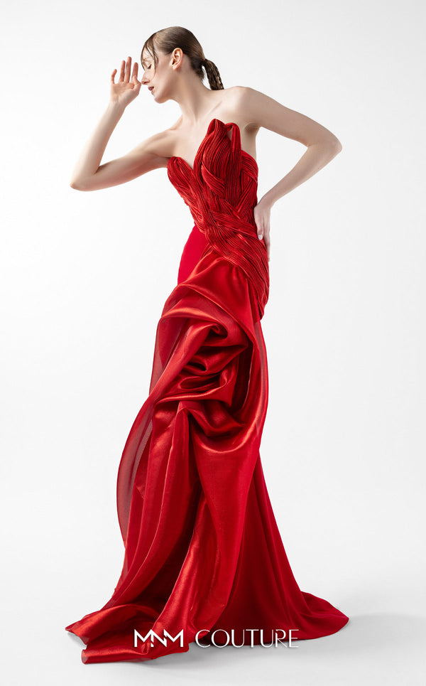 MNM Couture Style G2006 showcasing a strapless red gown with intricately pleated entwined bodice and dramatic asymmetrical organza bloom cascading from one side | Couture Shop LA