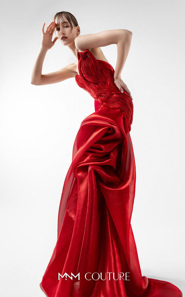 MNM Couture Style G2006 showcasing a strapless red gown with intricately pleated entwined bodice and dramatic asymmetrical organza bloom cascading from one side | Couture Shop LA