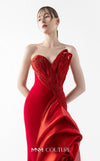 MNM Couture Style G2006 showcasing a strapless red gown with intricately pleated entwined bodice and dramatic asymmetrical organza bloom cascading from one side | Couture Shop LA
