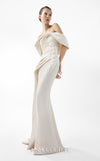 MNM Couture Style G2007 showcasing a cream crepe gown with dramatic off-shoulder satin sleeves, exquisite handmade embroidery on the bodice, and subtle thigh-high slit | Couture Shop LA