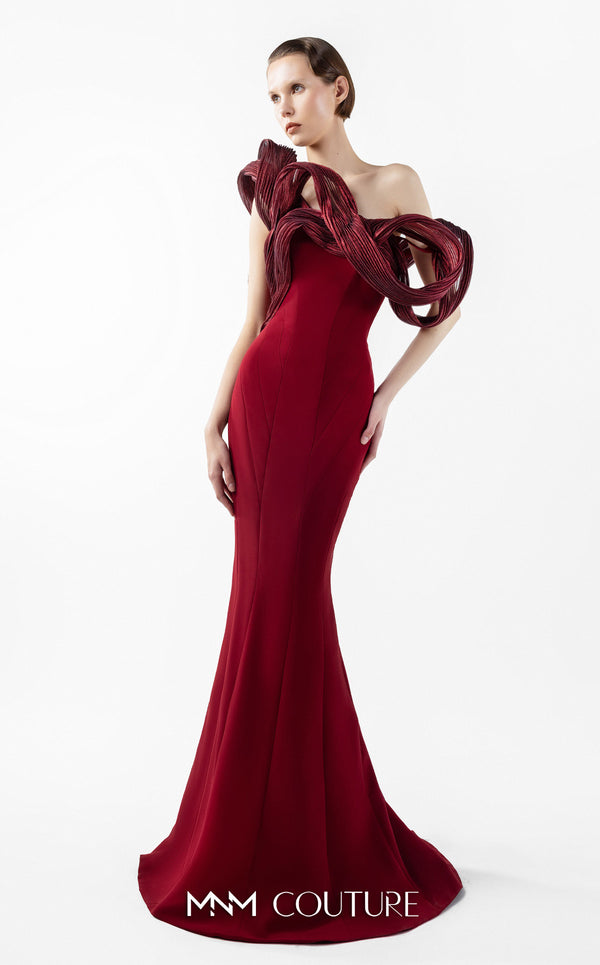 MNM Couture G2009 strapless crepe and organza mermaid gown with asymmetrical neckline and sculptural organza pleating across bust and back | Couture Shop LA.