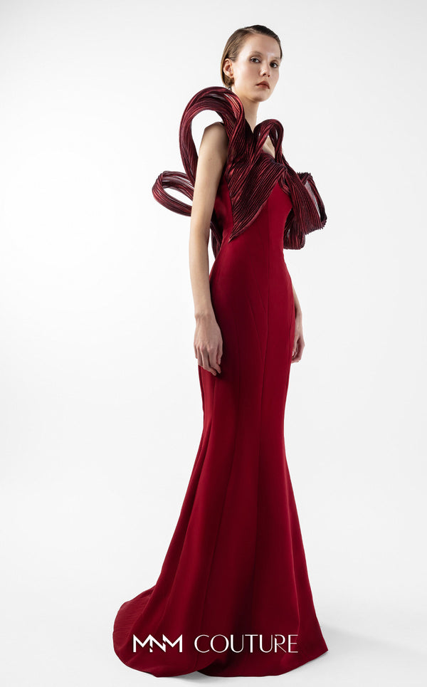 MNM Couture G2009 strapless crepe and organza mermaid gown with asymmetrical neckline and sculptural organza pleating across bust and back | Couture Shop LA.