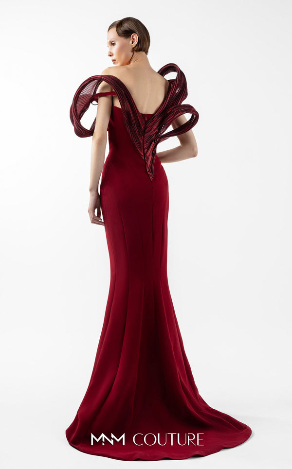 MNM Couture G2009 strapless crepe and organza mermaid gown with asymmetrical neckline and sculptural organza pleating across bust and back | Couture Shop LA.