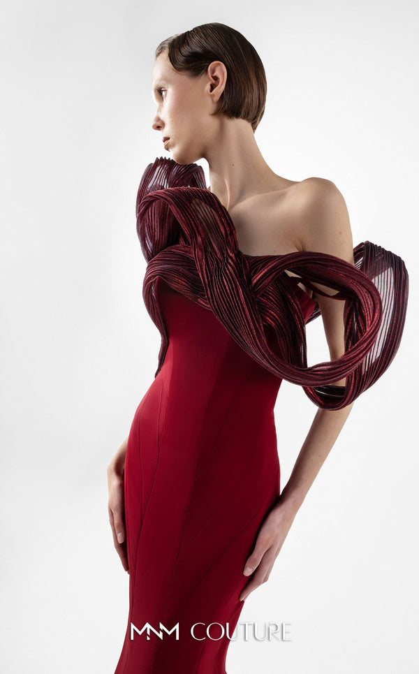 MNM Couture G2009 strapless crepe and organza mermaid gown with asymmetrical neckline and sculptural organza pleating across bust and back | Couture Shop LA.