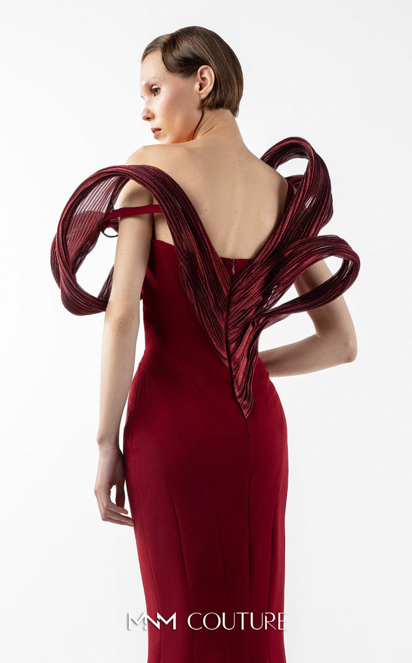 MNM Couture G2009 strapless crepe and organza mermaid gown with asymmetrical neckline and sculptural organza pleating across bust and back | Couture Shop LA.