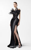MNM Couture Style G2010 showcasing a black crepe gown with a sculpted bust of organza, Chantilly lace, draped tulle, and a daring high front slit. | Couture Shop LA