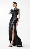 MNM Couture Style G2010 showcasing a black crepe gown with a sculpted bust of organza, Chantilly lace, draped tulle, and a daring high front slit. | Couture Shop LA