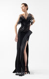 MNM Couture Style G2010 showcasing a black crepe gown with a sculpted bust of organza, Chantilly lace, draped tulle, and a daring high front slit. | Couture Shop LA