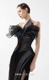 MNM Couture Style G2010 showcasing a black crepe gown with a sculpted bust of organza, Chantilly lace, draped tulle, and a daring high front slit. | Couture Shop LA