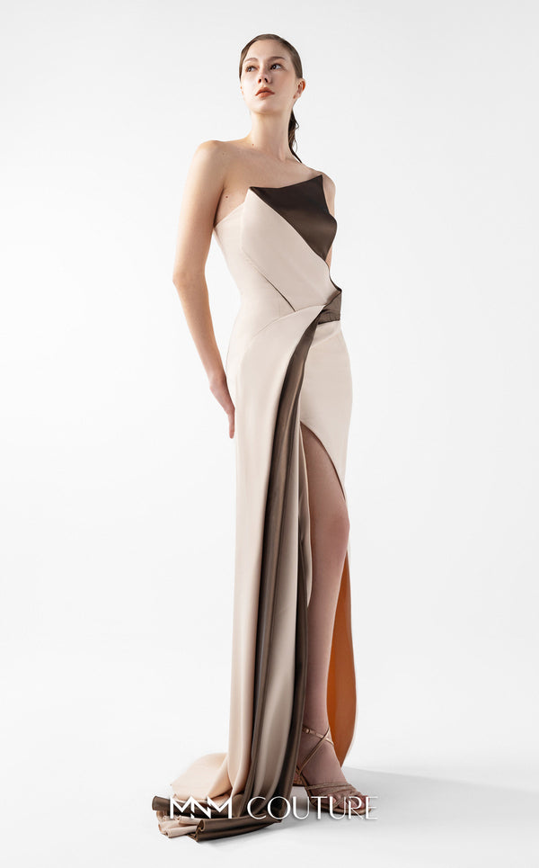 MNM Couture Style G2011 showcasing a strapless nude gown with sculptural brown metallic taffeta geometric folds and a dramatic high slit | Couture Shop LA