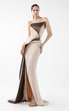 MNM Couture Style G2011 showcasing a strapless nude gown with sculptural brown metallic taffeta geometric folds and a dramatic high slit | Couture Shop LA