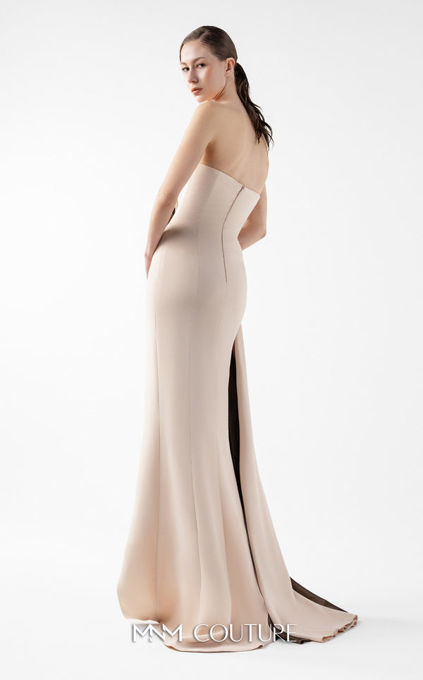 MNM Couture Style G2011 showcasing a strapless nude gown with sculptural brown metallic taffeta geometric folds and a dramatic high slit | Couture Shop LA