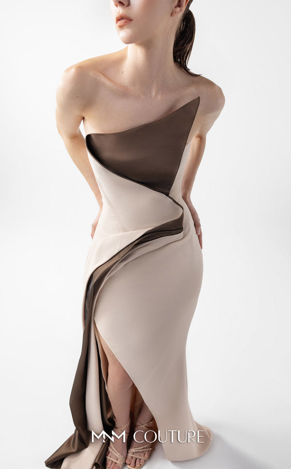 MNM Couture Style G2011 showcasing a strapless nude gown with sculptural brown metallic taffeta geometric folds and a dramatic high slit | Couture Shop LA