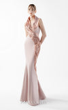 MNM Couture Style G2012 in rosé pink, featuring a mermaid silhouette, draped metallic halter-neck, and glistening lace inserts along the hip. | Couture Shop LA