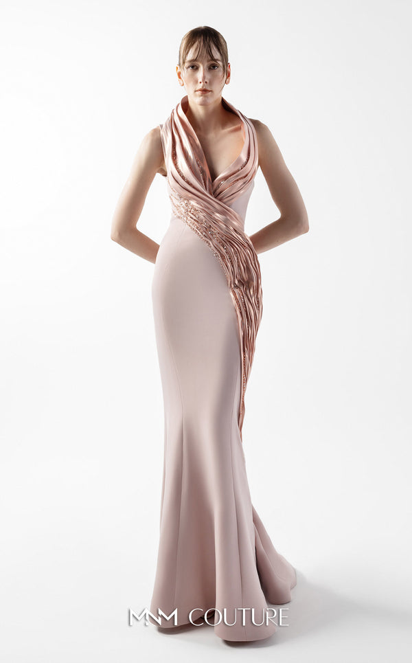 MNM Couture Style G2012 in rosé pink, featuring a mermaid silhouette, draped metallic halter-neck, and glistening lace inserts along the hip. | Couture Shop LA