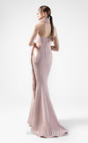 MNM Couture Style G2012 in rosé pink, featuring a mermaid silhouette, draped metallic halter-neck, and glistening lace inserts along the hip. | Couture Shop LA