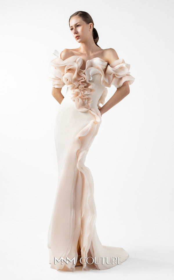 MNM Couture Style G2013 showcasing a cream crepe gown with voluminous cascading peach organza ruffles and a sculpted high front slit framed by fluid folds | Couture Shop LA