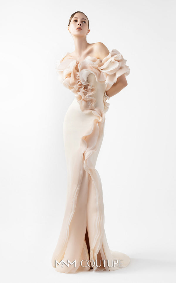 MNM Couture Style G2013 showcasing a cream crepe gown with voluminous cascading peach organza ruffles and a sculpted high front slit framed by fluid folds | Couture Shop LA