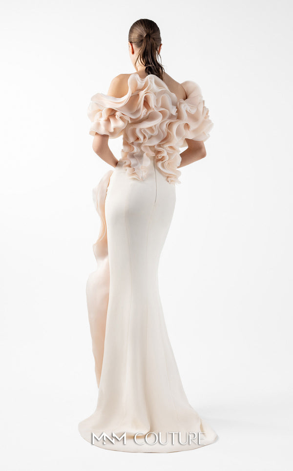 MNM Couture Style G2013 showcasing a cream crepe gown with voluminous cascading peach organza ruffles and a sculpted high front slit framed by fluid folds | Couture Shop LA