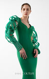 MNM Couture Style G2017 showcasing an emerald green crepe mermaid gown with mesmerizing illusion sleeves featuring intricate lace and ethereal organza inserts