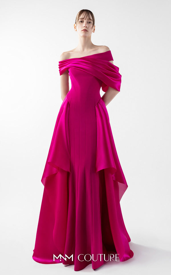 MNM Couture G2018 off-shoulder crepe and satin A-line gown with asymmetrical straight-across neckline, bust draping, and cascading pleated satin overskirt | Couture Shop LA.