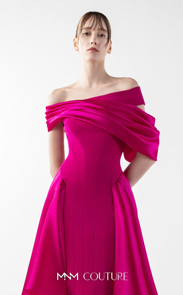 MNM Couture G2018 off-shoulder crepe and satin A-line gown with asymmetrical straight-across neckline, bust draping, and cascading pleated satin overskirt | Couture Shop LA.